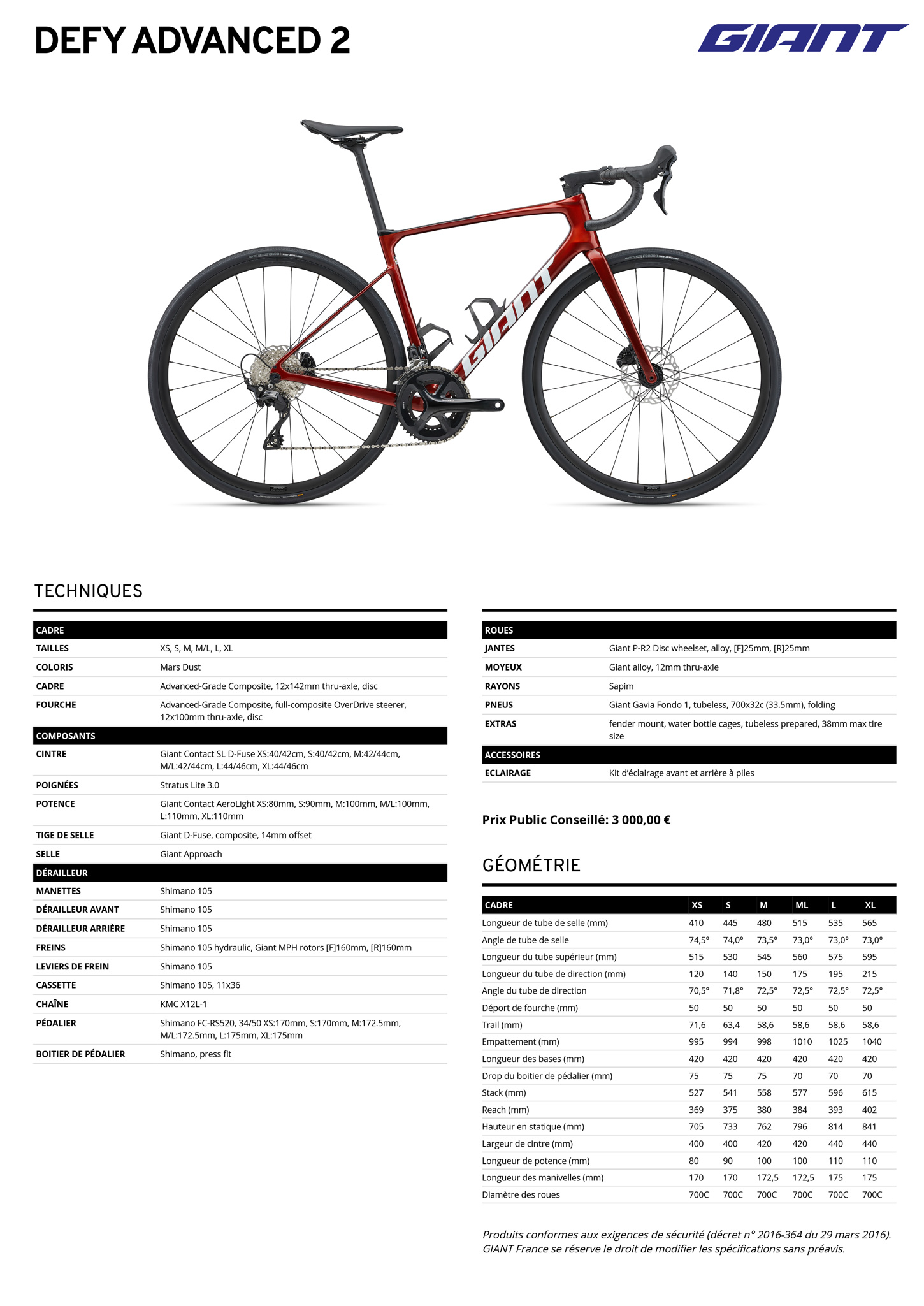 Fiche technique du velo Defy Advanced 2 année 2025